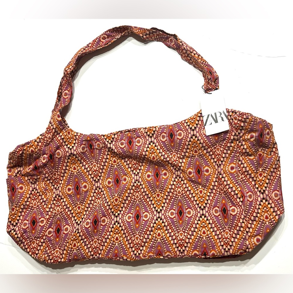 ZARA Cotton Fabric Shopper Cloth Shoulder TOTE Bag, Zipper and Pockets, XLarge - Picture 6 of 14